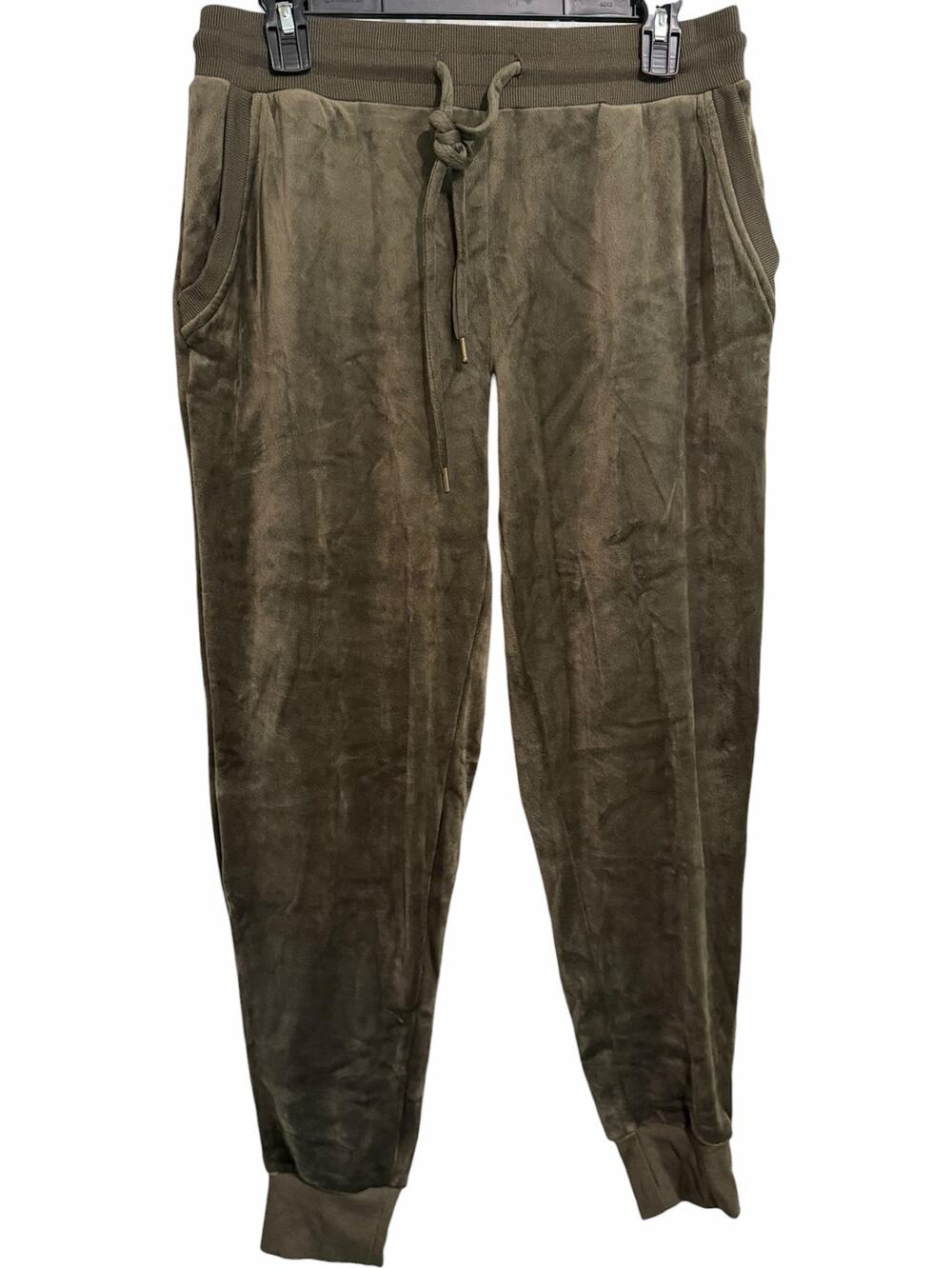 Felina Velour Jogger Sweatpants Women’s M Olive Green Plush Drawstring Pockets